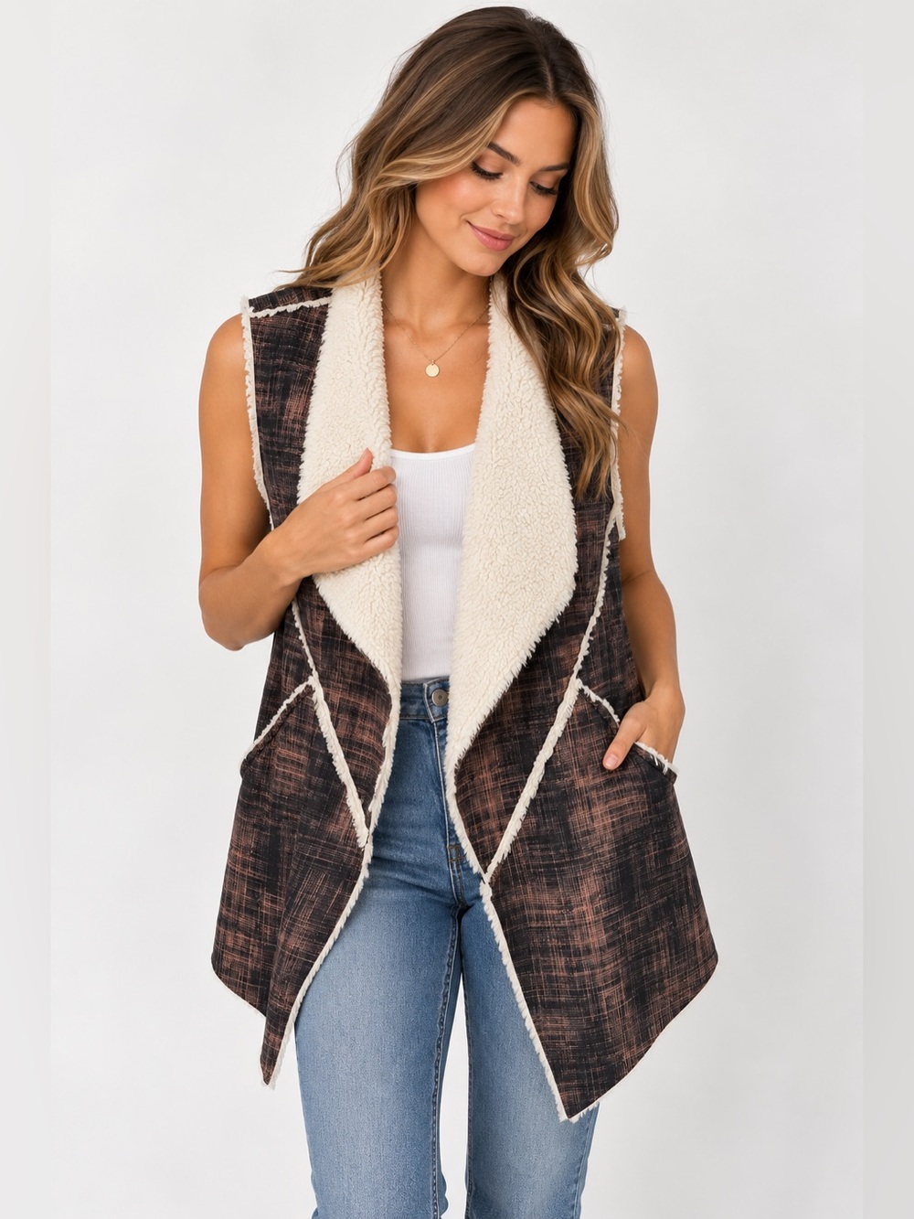 LuLaRoe Marlow Plaid Faux Shearling Sherpa Waterfall Vest Size L